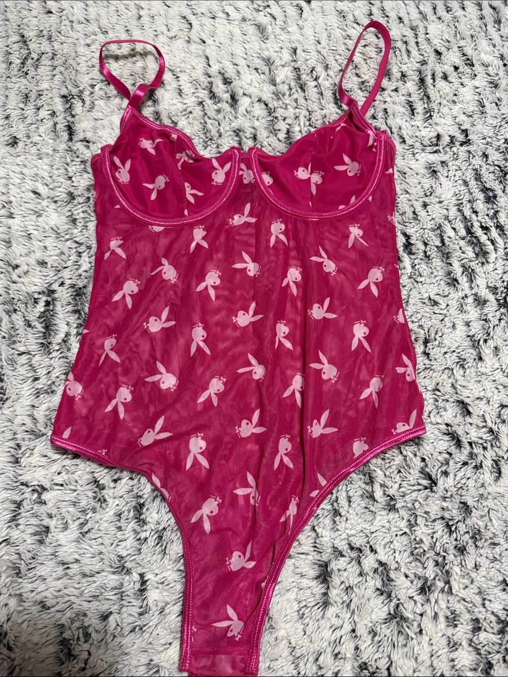 PLAYBOY Hot Pink Mesh One-Piece Bodysuit with Light Pink Bunny Motif